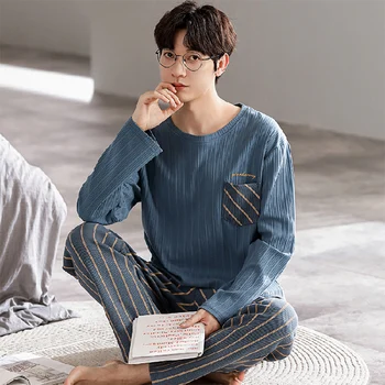 Пролет-есен мъжки пижами от чесаного памук, с дълги ръкави, корейската версия, клетчатая пижами, домашно облекло за момчета, комплект от 2 теми голям размер